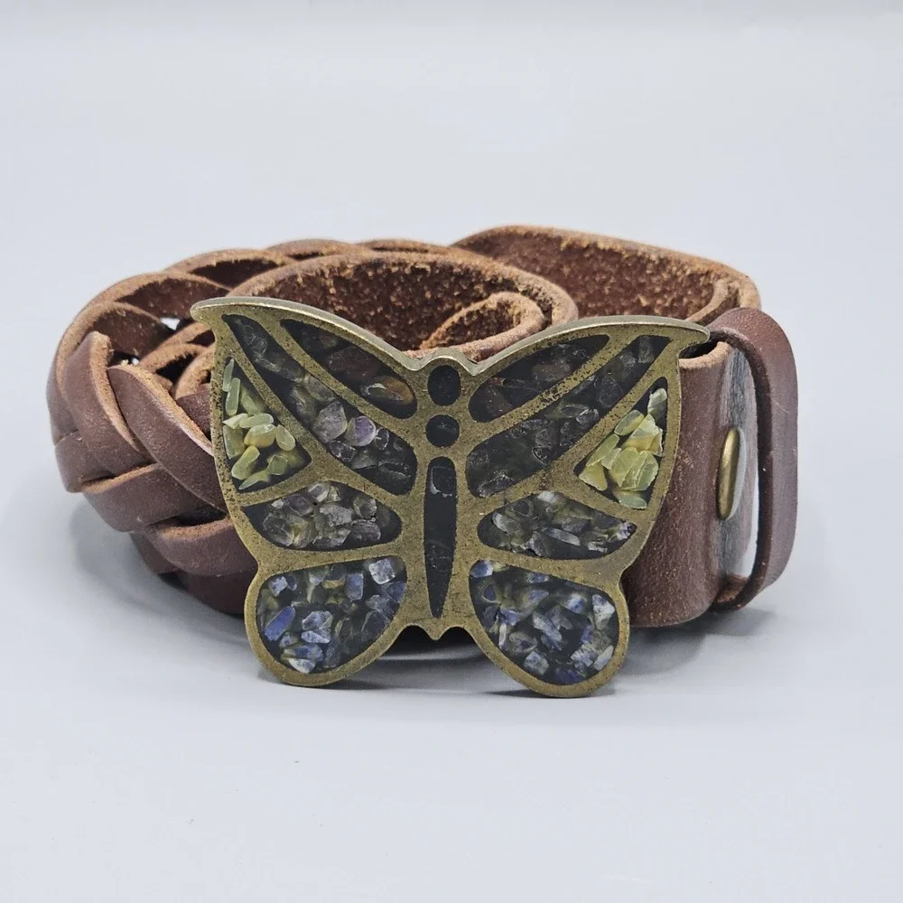 Vintage Lucky Brand Butterfly Inlay Buckle Braided Leather Belt Sz 34 Boho Y2K